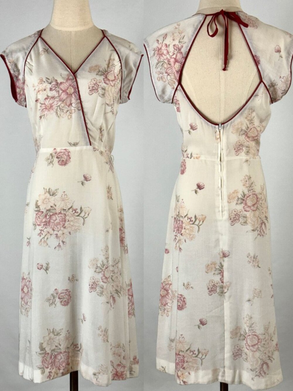 Vtg 70s Pink & White Floral Sheer Voile Sun Dress Wrap Bodice Open Back